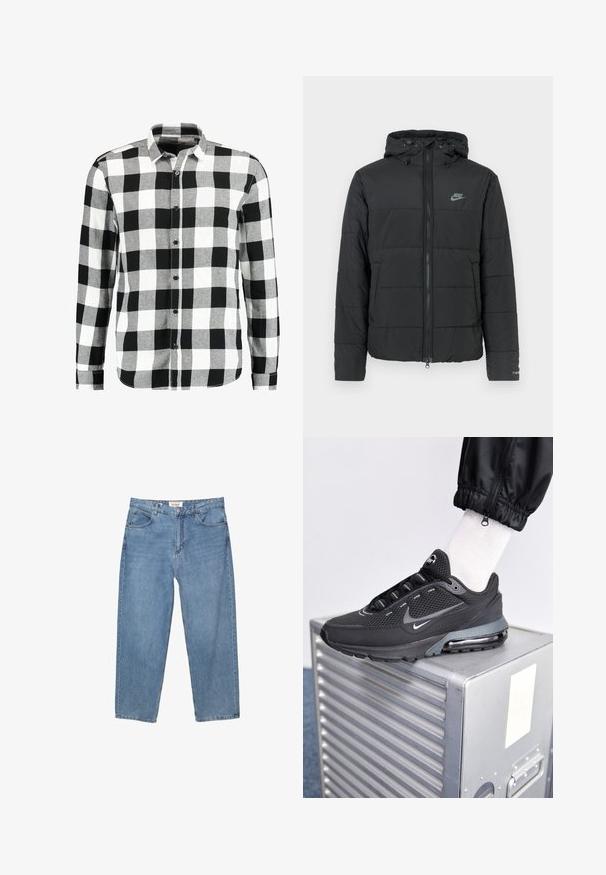 Doudoune noire avec capuche, dotée d'une fermeture éclair à l'avant, d'un motif matelassé horizontal et d'un petit logo sur le côté supérieur gauche.; Only & Sons ONSGUDMUND CHECKED SHIRT - Chemise - cloud dancer; Jean en denim bleu clair avec une coupe droite, un design à cinq poches et une étiquette de marque visible au niveau de la taille.; Nike Sportswear PULSE - Baskets basses - black/anthracite
