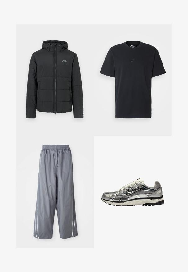 Fekete pufi dzseki kapucnival, elöl cipzárral, vízszintesen steppelt mintával és egy kis logóval a bal felső oldalon.; Fekete pamut póló Nike márkájú, klasszikus, kerek nyakú, rövid ujjú, és letisztult, dombornyomott logóval a mellkason. Simább textúra.; Szürke, könnyű, szintetikus, bő szárú nadrág, rugalmas derékrésszel és fehér oldalsávokkal. Sima textúra, laza dizájn.; Ezüst és fekete sportcipő, hálós és szintetikus felsőrésszel, voluminózus dizájnnal és texturált felülettel. Párnázott bokarésszel és gumitalppal rendelkezik.