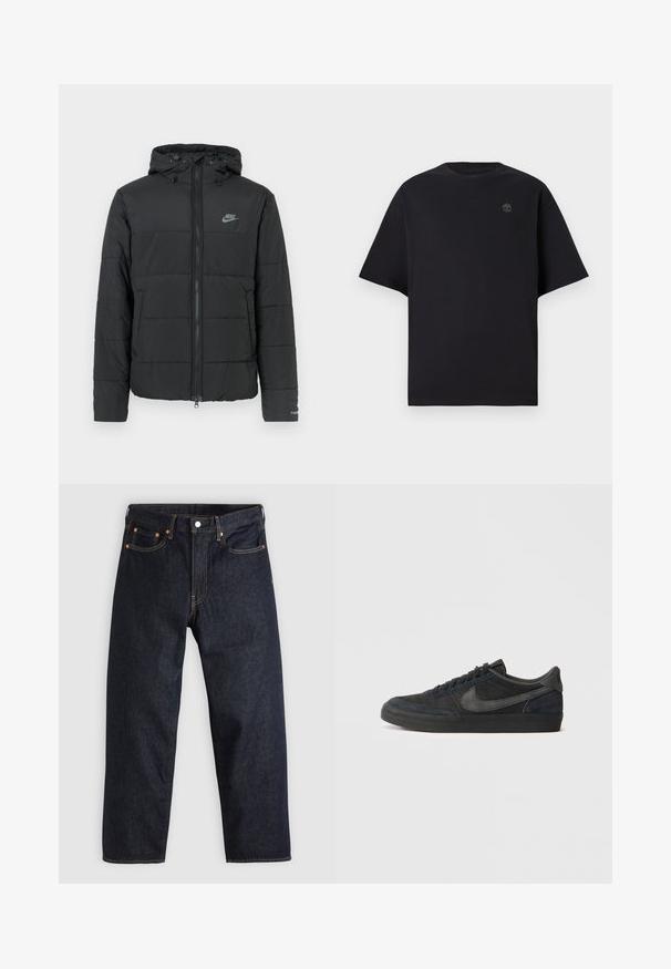 Juodas pūkinis džemperis su gaubtu, su užtrauktuku priekyje, horizontaliu siuvinėjimu ir mažu logotipu kairėje viršutinėje pusėje.; Juodas trumpasrankovis medvilnės marškinėliai, su apvaliu kaklu ir mažais, siuviniais logotipais ant krūtinės. Paprasta, laisva figūra.; Tamsiai mėlynos džinsinės kelnės su tiesiu kirpimu, penkiomis kišenėmis, kontrastingomis oranžinėmis siūlėmis ir mygtukų užtrauktuku. Nėra matomų raštų ar papuošimų.; Juodi suediniai sportbačiai su žemu profiliu, guminiu padu, tekstūruotomis šoninėmis dalimis ir toniniu Nike swoosh logo. Su raišteliais priekyje, paminkštintu apykakle.