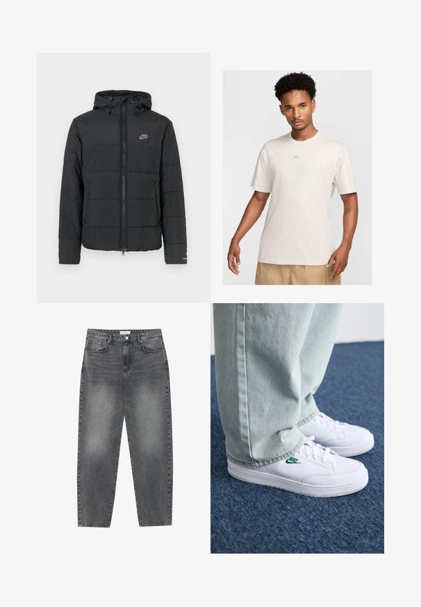 Black puffer jacket with a hood, featuring a zip front, horizontal quilted pattern, and a small logo on the upper left side.; Man with short curly hair wears beige Nike t-shirt and khaki shorts, facing forward against plain light background.; High-waisted, loose-fitting jeans in faded black denim. Features five pockets, belt loops, and a clean, straight leg design.; White leather sneakers with green Nike logo, round toe, flat sole, paired with light blue denim pants, shown on a blue carpet.