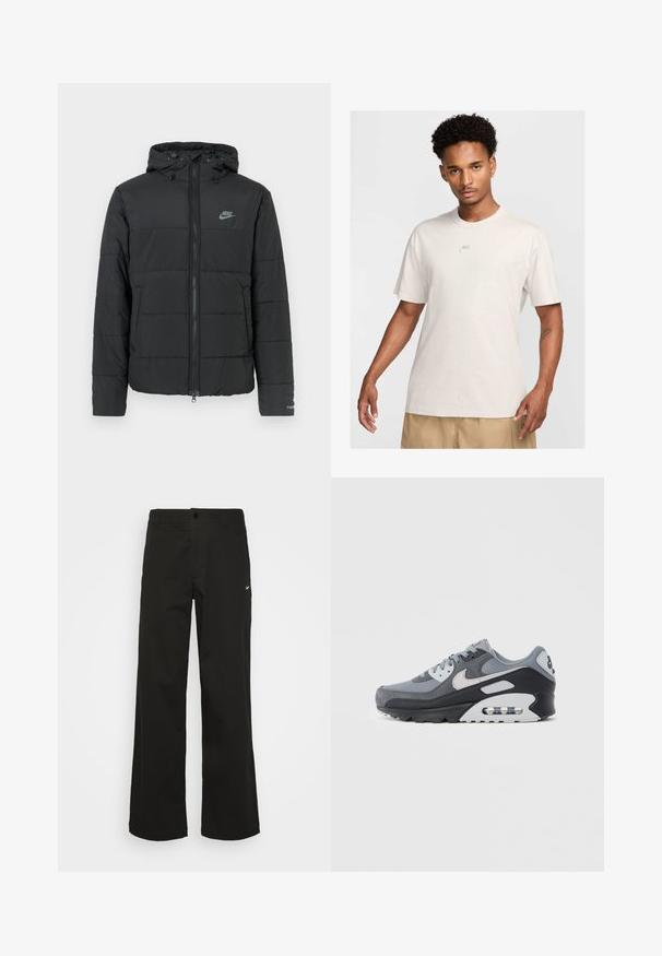 Jachetă puffer neagră cu glugă, având fermoar pe față, model cusut orizontal și un mic logo în partea stângă sus.; Bărbat cu păr scurt și creț poartă un tricou bej Nike și pantaloni scurți khaki, privindu-se înainte, împotriva unui fundal simplu de culoare deschisă.; Pantaloni negri din material neted, cu un design drept, buzunare frontale și un mic logo alb Nike pe talie.; Pantof sport gri, realizat dintr-un amestec de plasă și piele întoarsă, cu talpă neagră și unitate de aer vizibilă. Accente și șireturi gri deschis notabile.