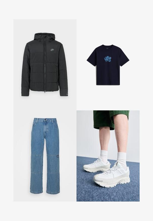 Black puffer jacket with a hood, featuring a zip front, horizontal quilted pattern, and a small logo on the upper left side.; Navy blue cotton t-shirt featuring a stylized light blue "VANS" logo on the chest. Short sleeves, crew neckline, standard fit.; Light blue denim jeans with a relaxed fit, featuring patchwork panels, top button closure, five-pocket design, and subtle branding on the leg.; White athletic shoes with textured overlays, a chunky sole, and gray accents. Worn with white crew socks and green shorts on a blue surface.