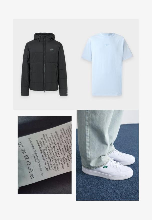 Black puffer jacket with a hood, featuring a zip front, horizontal quilted pattern, and a small logo on the upper left side.; Sky blue cotton t-shirt with short sleeves, crew neck, and embroidered Nike logo in a slightly darker blue on the chest.; Label tag with multi-language text, care symbols, and recycling icons, printed on a soft fabric-like material in light color.; White leather sneakers with green Nike logo, round toe, flat sole, paired with light blue denim pants, shown on a blue carpet.
