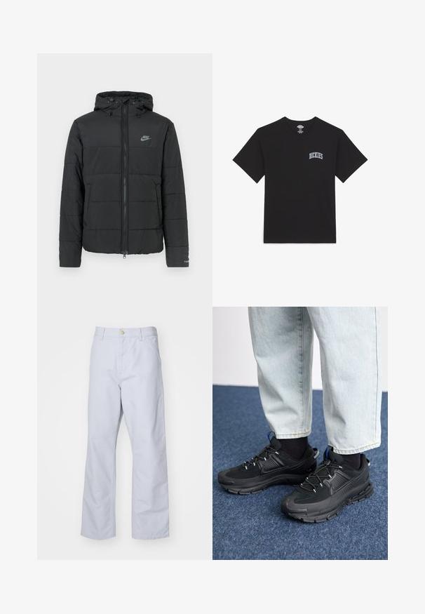 Black puffer jacket with a hood, featuring a zip front, horizontal quilted pattern, and a small logo on the upper left side.; Black cotton t-shirt with short sleeves and a crew neck. Features a white and blue text logo “DICKIES” on the left chest.; Light blue, straight-leg trousers made of cotton. Features a front pocket, a zipper fly, and a single metal button at the waistband.; Black athletic shoes with textured fabric and rubber soles, featuring elastic laces and a blue accent on the heel. Worn with light denim pants.
