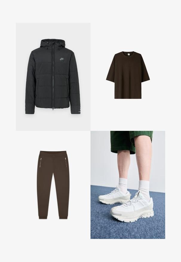 Schwarze Daunenjacke mit Kapuze, ausgestattet mit einem Reißverschluss auf der Vorderseite, horizontal gestepptem Muster und einem kleinen Logo auf der oberen linken Seite.; Braunes oversized T-Shirt aus weicher Baumwolle. Besitzt einen Rundhalsausschnitt und kurze, weite Ärmel. Einfaches, schmuckloses Design und glatte Textur.; Dropsize SUPER BLANK - Jogginghose - chocolatebrown; Weiße Sportschuhe mit strukturierten Überzügen, einer dicken Sohle und grauen Akzenten. Tragen mit weißen Crew-Socken und grünen Shorts auf einer blauen Oberfläche.