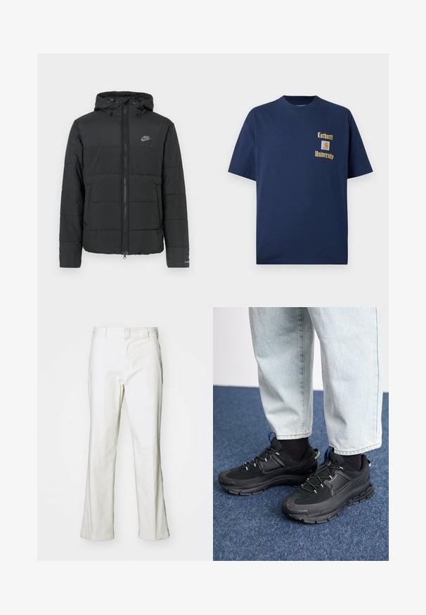 Črna puhovka s kapuco, z zadrgo spredaj, vodoravno prešito vzorčasto in majhnim logotipom na zgornji levi strani.; Navy modra bombažna majica s kratkimi rokavi, z zlatim napisom "Carhartt University" in logotipom na levem prsnem delu.; Beli bombažni hlače s ravnim krojem, ki vključujejo pas in standardne žepke. Tkanina se zdi gladka in rahlo teksturirana.; Črne športne čevlje z teksturirano tkanino in gumijastimi podplati, ki imajo elastične vezalke ter modre poudarke na peti. Nosi se z lahkimi denim hlačami.