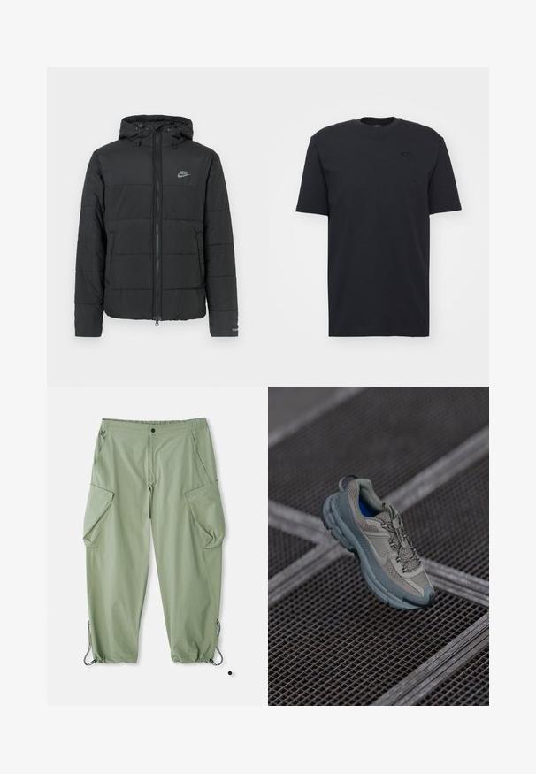 Schwarze Daunenjacke mit Kapuze, ausgestattet mit einem Reißverschluss auf der Vorderseite, horizontal gestepptem Muster und einem kleinen Logo auf der oberen linken Seite.; Schwarzes Baumwoll-T-Shirt mit kurzen Ärmeln und Rundhalsausschnitt, das ein dezentes Logo auf der Brust und einen lockeren Schnitt bietet.; Hellgrüne Cargo-Hosen mit elastischem Bund, mehreren Seitentaschen und Kordeln an den Knöcheln. Hergestellt aus robustem, strukturiertem Stoff.; Beige und graue Sportschuhe mit strukturiertem Mesh-Obermaterial, runder Zehenkappe und Gummisohle, ausgestattet mit Schnürsenkeln und einem gepolsterten Schaft.