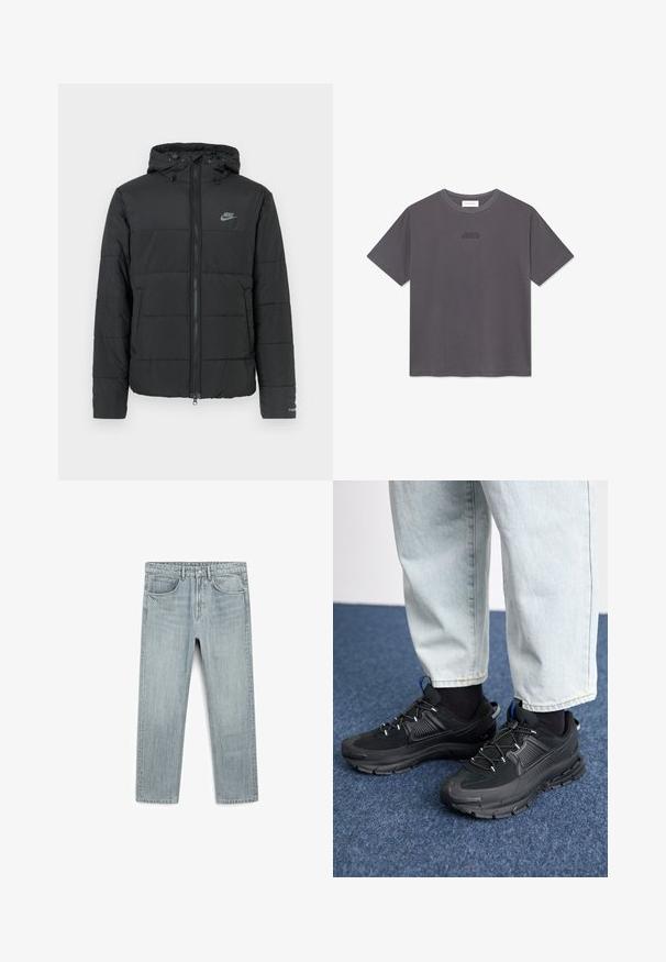 Schwarze Daunenjacke mit Kapuze, ausgestattet mit einem Reißverschluss auf der Vorderseite, horizontal gestepptem Muster und einem kleinen Logo auf der oberen linken Seite.; Dunkelgraues T-Shirt mit kurzen Ärmeln, Rundhalsausschnitt und kleinem, dezentem Logo in der Mitte der Brust.; Helle blaue Jeans aus Denim mit geradem Schnitt, fünf Taschen und sichtbarem Knopf- und Reißverschluss. Glatte Textur mit leichtem Verblassen.; Schwarze Sportschuhe aus strukturiertem Stoff mit Gummisohlen, ausgestattet mit elastischen Schnürsenkeln und einem blauen Akzent an der Ferse. Getragen mit hellen Jeans.