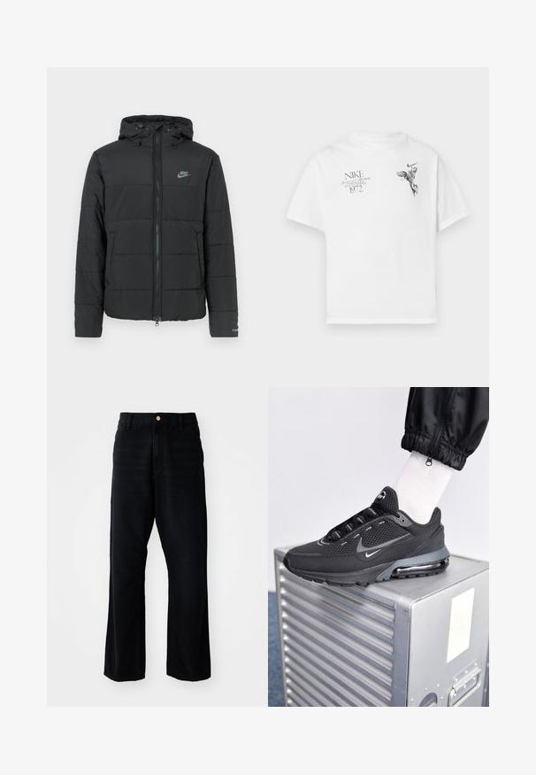 Černá péřová bunda s kapucí, má přední zip, horizontálně prošívaný vzor a malé logo na levé horní straně.; Bílý bavlněný tričko s černým grafickým potiskem křídlené postavy a textem, s kulatým výstřihem a krátkými rukávy.; Černé džíny s volným střihem, s zlatým knoflíkem, pěti kapsami a rovnými nohavicemi. Hladká textura.; Nike Sportswear PULSE - Tenisky - black/anthracite