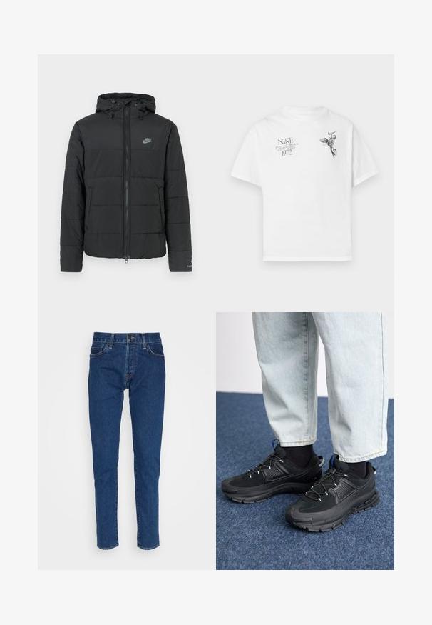 Svart pufferjakke med hette, med glidelås foran, horisontalt quiltet mønster og en liten logo på øvre venstre side.; Hvit bomull t-skjorte med svart grafisk trykk av en bevinget figur og tekst, med rund hals og korte ermer.; Mørkeblå denimbukser med rette ben, som har fem lommer, glidelås og sømdetaljer langs sømmene.; Svarte sportssko med teksturert stoff og gummisåler, med elastiske lisser og en blå detalj på hælen. Brukt med lyse denimbukser.