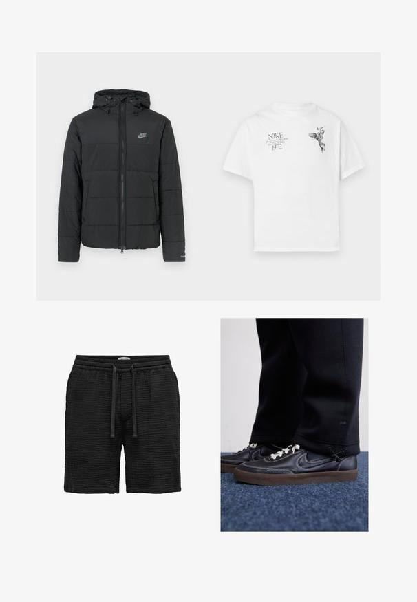 Giubbotto imbottito nero con cappuccio, caratterizzato da una chiusura con zip frontale, un motivo a righe orizzontali e un piccolo logo sul lato sinistro in alto.; T-shirt in cotone bianco con stampa grafica nera di una figura alata e testo, con collo tondo e maniche corte.; Shorts neri con texture, dotati di cintura elastica, lacci regolabili e vestibilità rilassata. Motivo a coste per un dettaglio extra.; Nike Sportswear KILLSHOT 2 LTR PRM OPP2 - Sneakers basse - black sail baroque brown mtlc dk grey