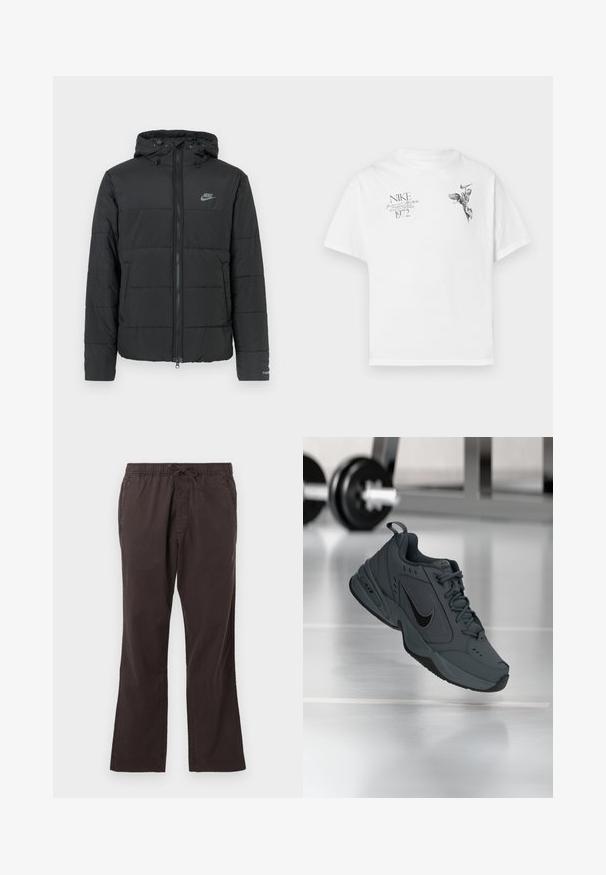 Zwarte pufferjas met capuchon, voorzien van een rits aan de voorkant, een horizontaal gestikt patroon en een klein logo op de bovenste linkerkant.; Witte katoenen t-shirt met een zwarte grafische print van een gevleugeld figuur en tekst, met een ronde hals en korte mouwen.; Donkerbruine elastische taillebroek met een trekkoord, met een recht model en een gladde, gestructureerde stof.; Donkergrijze Nike Air Monarch sneakers die binnen hangen met vervaagde gymgewichten op de achtergrond op een glanzende vloer.