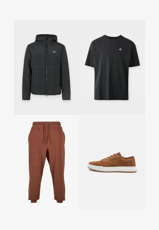 Sort pufferjakke med hætte, med lynlås foran, horisontalt quiltet mønster og et lille logo på den øverste venstre side.; Sort bomulds t-shirt med korte ærmer, rund hals, med et lille rektangulært logo med "NIKE AIR" i hvidt på venstre bryst.; Urban Classics Træningsbukser - bark; Brune ruskinds sneakers med hvid gummisål, rund tå, seks metaløjer og præget logo detalje på siden. Klassisk snøredesign.