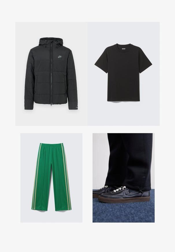 Casaco puffer preto com capuz, apresentando fecho éclair frontal, padrão de matelassé horizontal e um pequeno logótipo no lado superior esquerdo.; T-shirt preta de manga curta feita de algodão macio, com decote redondo e design simples sem padrões ou detalhes.; Calças verdes de perna larga, feitas de tecido macio, com cintura elástica e riscas laterais amarelas contrastantes com padrão em zig-zag.; Nike Sportswear KILLSHOT 2 LTR PRM OPP2 - Sapatilhas - black sail baroque brown mtlc dk grey