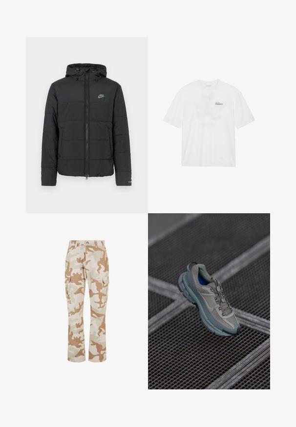 Juodas pūkinis džemperis su gaubtu, su užtrauktuku priekyje, horizontaliu siuvinėjimu ir mažu logotipu kairėje viršutinėje pusėje.; Baltas medvilnės marškinėliai su trumpomis rankovėmis, priekyje yra spaudinys su užrašu "Skristi į Ramybę" juoda ir žalia spalvomis.; Smėlinės maskuojančios cargo kelnės su šoninėmis kišenėmis, pagamintos iš lygaus audinio, su tiesiu kojų siluetu ir sagos uždarymu.; Bežiniai ir pilki sportiniai bateliai su tekstūruotu tinkliniu viršumi, apvaliu pirštu ir guminiais padais, turi raištelius ir paminkštintą apykaklę.