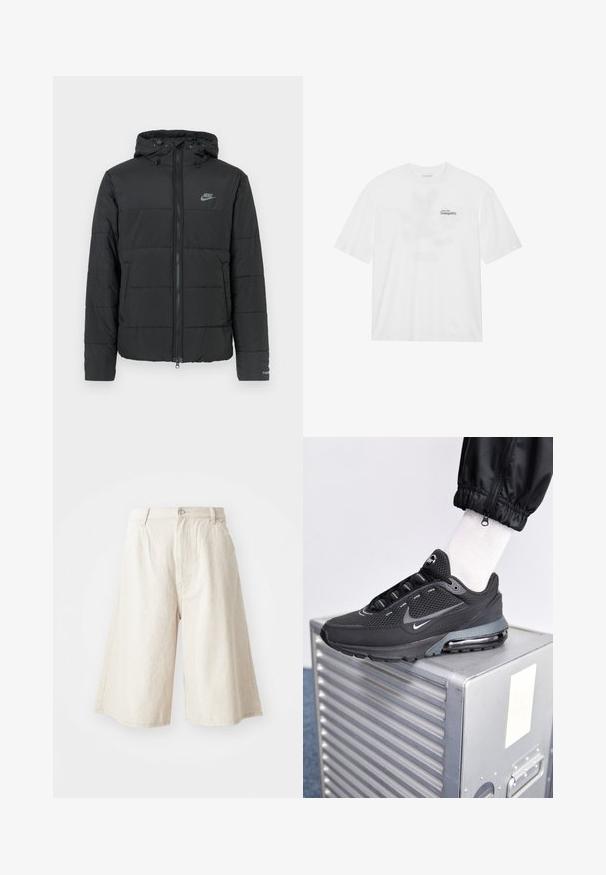 Giubbotto imbottito nero con cappuccio, caratterizzato da una chiusura con zip frontale, un motivo a righe orizzontali e un piccolo logo sul lato sinistro in alto.; T-shirt bianca in cotone a maniche corte, con stampa frontale che riporta la scritta "Vola verso la Tranquillità" in nero e verde.; Pantaloni corti a gamba larga beige realizzati in cotone, con taglio dritto, tasche frontali e chiusura con bottone visibile in vita.; Nike Sportswear PULSE - Sneakers basse - black/anthracite