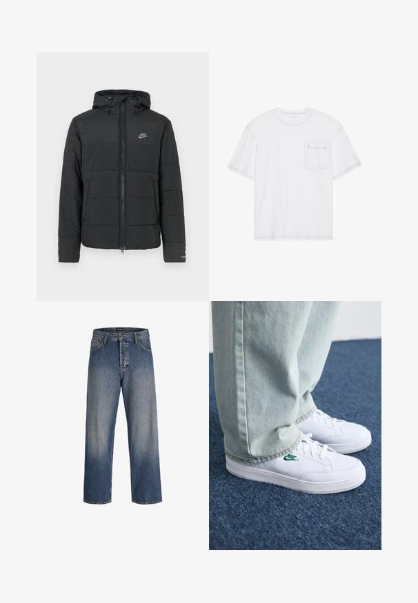 Black puffer jacket with a hood, featuring a zip front, horizontal quilted pattern, and a small logo on the upper left side.; White cotton t-shirt with short sleeves, crew neck, and a chest pocket. Features contrasting stitching along the edges.; Blue denim jeans with a loose fit, featuring a faded design, five pockets, belt loops, and a button and zipper closure.; White leather sneakers with green Nike logo, round toe, flat sole, paired with light blue denim pants, shown on a blue carpet.