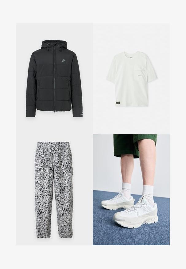 Fekete pufi dzseki kapucnival, elöl cipzárral, vízszintesen steppelt mintával és egy kis logóval a bal felső oldalon.; Rövid ujjú, világoszöld pamut póló. Mellzsebbel és egy kis logóval a zseb közelében. Puha tapintású, laza stílusú.; Fehér elasztikus derékpántos nadrág fekete, szabálytalan foltmintával és elasztikus szegélyekkel, egyszínű háttér előtt lógva.; Fehér sportcipők texturált burkolattal, vastag talppal és szürke részletekkel. Fehér sportzoknival és zöld rövidnadrággal viselve, kék felületen.