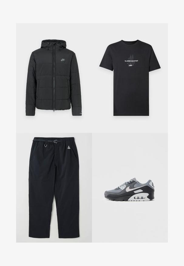 Melnā puffjakā ar mēteli ir rāvējslēdzēja priekšpuse, horizontāla izšuvuma raksts un mazs logotips kreisajā augšējā stūrī.; Melnas kokvilnas T-krekls ar baltu grafisko dizainu un tekstu, tostarp "the athletic department" un "nike", ar īsām piedurknēm.; Melnas brīvdabas bikses, izgatavotas no viegla materiāla, ar elastīgu jostu un jostu, divām sānu kabatām un smalku logo detaļu.; Pelēki sporta apavi ar acs un zamšāda materiālu kombināciju, melnu zolīti un redzamu gaisa spilventiņu. Izceltas gaiši pelēkas detaļas un auklas.