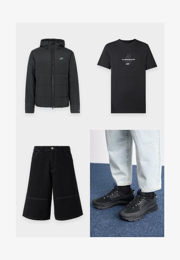 Black puffer jacket with a hood, featuring a zip front, horizontal quilted pattern, and a small logo on the upper left side.; Black cotton t-shirt featuring a white graphic design with text, including "the athletic department" and "nike," and short sleeves.; Black denim shorts with a wide leg design, featuring contrasting yellow stitching and front pockets. The fabric has a smooth, sturdy texture.; Black athletic shoes with textured fabric and rubber soles, featuring elastic laces and a blue accent on the heel. Worn with light denim pants.