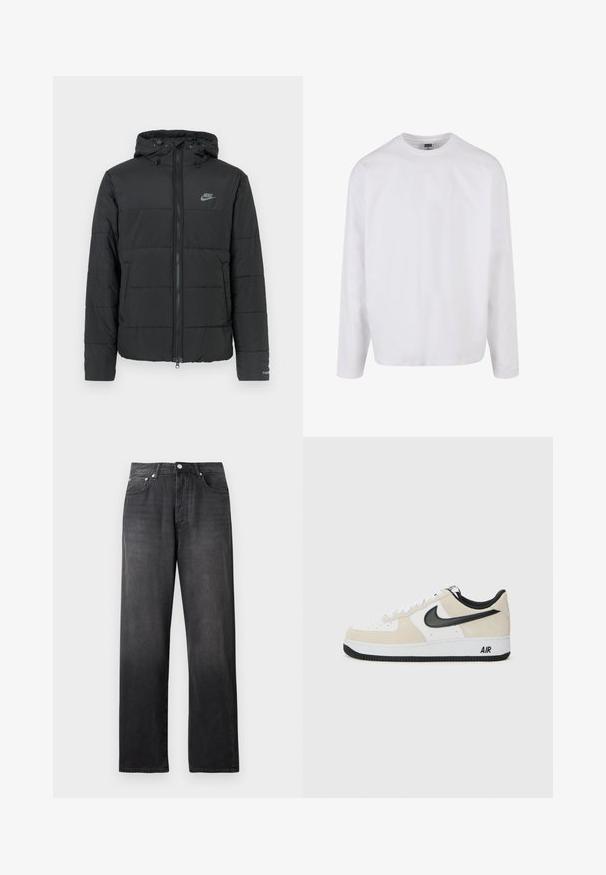 Schwarze Daunenjacke mit Kapuze, ausgestattet mit einem Reißverschluss auf der Vorderseite, horizontal gestepptem Muster und einem kleinen Logo auf der oberen linken Seite.; Langärmliges weißes Baumwoll-T-Shirt mit rundem Ausschnitt, lässiger Passform und ohne sichtbare Muster oder Akzente. Glatte Textur.; Schwarze hochgeschnittene Straight-Leg-Jeans mit Vorderknopf und Reißverschluss, zwei vorderen Taschen und subtilen Ausbleichungen.; Sneaker mit einem hellbeigen Wildleder- und weißen Leder-Obermaterial, schwarzem Nike-Swoosh, schwarzen Akzenten und einer weißen Gummisohle mit "AIR"-Branding.