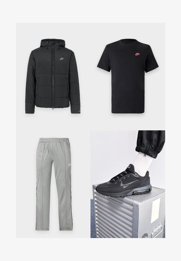 Zwarte pufferjas met capuchon, voorzien van een rits aan de voorkant, een horizontaal gestikt patroon en een klein logo op de bovenste linkerkant.; Zwarte katoenen T-shirt met een ronde halslijn en korte mouwen. Bevat een roze Nike-logo aan de bovenkant aan de linkerzijde. Glad textuur.; Lichtgrijze Umbro sportbroek met elastische tailleband en zwart-witte zijstrips, getoond tegen een witte achtergrond.; Nike Sportswear PULSE - Sneakers laag - black/anthracite