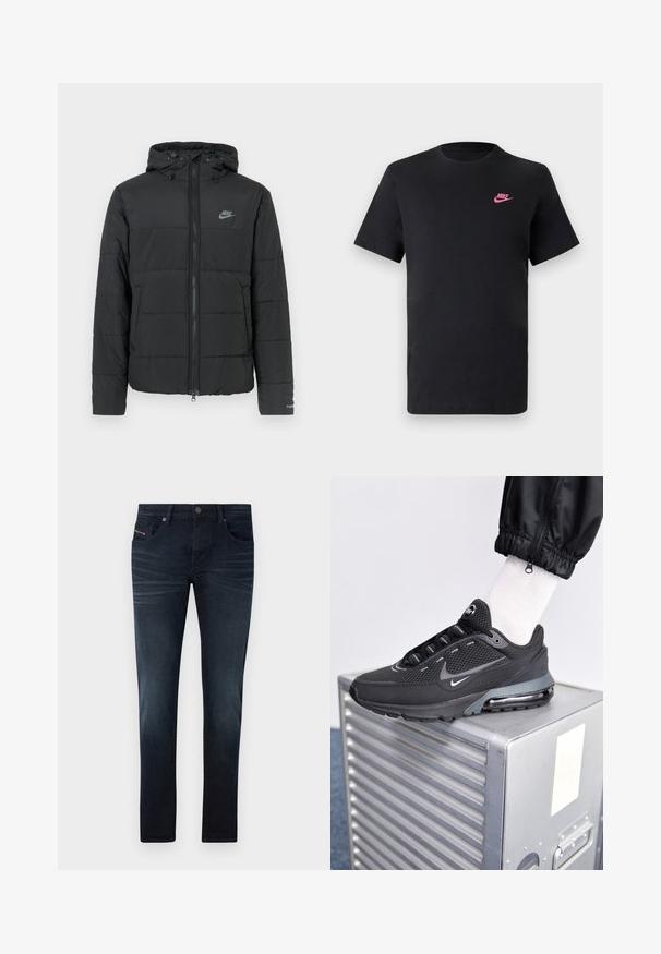 Chaqueta acolchada negra con capucha, que presenta un cierre con cremallera, un patrón de acolchado horizontal y un pequeño logotipo en la parte superior izquierda.; Camiseta de algodón negra con cuello redondo y mangas cortas. Presenta un logo de Nike en rosa en la parte superior izquierda. Textura suave.; Jeans de mezclilla azul oscuro con corte ajustado, que presentan cinco bolsillos, un ligero desgaste y un cierre de botón metálico en la cinturilla.; Nike Sportswear PULSE - Zapatillas - black/anthracite