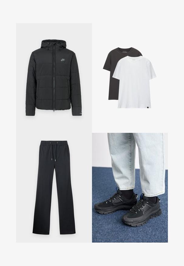 Mustan untuvatakin huppu, jossa on vetoketju etupuolella, vaakasuora tikkuroma ja pieni logo vasemmassa yläkulmassa.; Kaksi säännöllisesti istuvaa T-paitaa: yksi musta ja yksi valkoinen, valmistettu pehmeästä puuvillasta. Kummassakin on pyöreä kaula-aukko ja lyhyet hihat ilman kuvioita.; Mustat leveät housut, jotka on valmistettu pehmeästä kankaasta. Mukana on joustava vyötärö, jossa on naru ja hienovarainen kiilto. Ei näkyviä kuvioita tai koristeita.; Mustat urheilukengät, joissa on teksturoitu kangas ja kumipohjat, elastiset nauhat ja sininen yksityiskohta kannassa. Yhdistetty vaaleisiin farkkuihin.