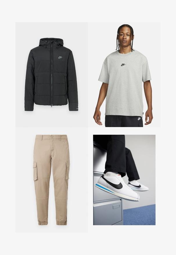 Zwarte pufferjas met capuchon, voorzien van een rits aan de voorkant, een horizontaal gestikt patroon en een klein logo op de bovenste linkerkant.; Jong persoon met gevlochten haar, gekleed in een lichtgrijs Nike T-shirt en zwarte Nike shorts tegen een effen witte achtergrond.; Beige cargobroek van lichtgewicht katoenen materiaal. Kenmerkend zijn de elastische boorden, meerdere zijzakken en een knoopsluiting.; Witte leren sneakers met een zwarte Nike swoosh, lichtblauwe en grijze rubberen zool, en een klassiek vetersluiting ontwerp. Voeten rustend op een archiefkast.