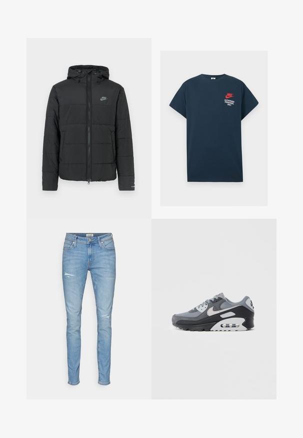 Svart pufferjakke med hette, med glidelås foran, horisontalt quiltet mønster og en liten logo på øvre venstre side.; Marineblå t-skjorte i bomull med korte ermer. Har en rød Nike-logo og hvit tekst "AUTORISERT PERSONELL KUN" på venstre bryst.; Lyseblå skinny jeans laget av denim, med slitte detaljer, standard fem-lommers design og knappeklips i midjen.; Grå joggesko med en blanding av mesh og semsket skinn, med svart såle og synlig luftpute. Merkbare lysegrå detaljer og lisser.