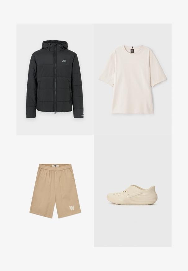 Juodas pūkinis džemperis su gaubtu, su užtrauktuku priekyje, horizontaliu siuvinėjimu ir mažu logotipu kairėje viršutinėje pusėje.; Šviesiai kreminės spalvos marškinėliai, pagaminti iš minkštų medvilnės. Turi apvalią iškirptę, trumpas rankoves ir laisvą siluetą su šoninėmis siūlėmis.; Šviesiai rudos šortai, pagaminti iš lengvos medžiagos, su elastingu juosmeniu, šoninėmis kišenėmis ir balta logotipo detale ant kairės kojos.; Bežiniai slip-on tipo batai su lygia, blizgia apdaila, turintys šonines ventiliacijos angas ir struktūruotą, briaunotą kulną. Sidabrinė logotipo detalė.