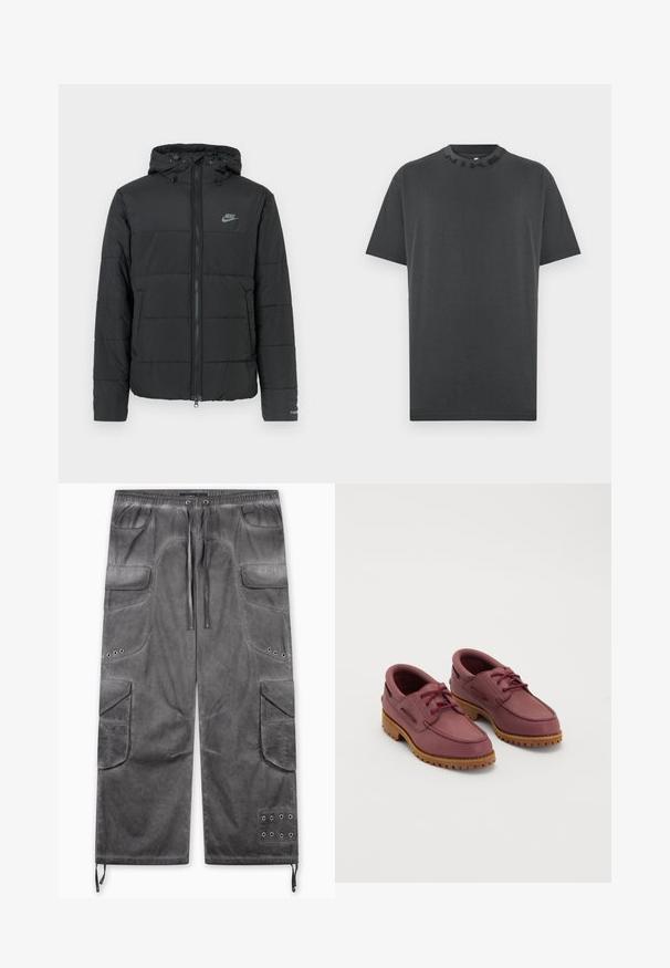Svart pufferjakke med hette, med glidelås foran, horisontalt quiltet mønster og en liten logo på øvre venstre side.; Svart, kortermet t-skjorte laget av bomull, med rund hals og preget "NIKE"-logo på kragen. Ingen mønstre eller ytterligere detaljer.; Grå cargobukser med avslappet passform, med flere lommer, teksturert stoff, snor i livet og metalliske maljer.; Et par bordeaux lærredssko med tykke tan gummisåler og røde snørebånd på en hvid baggrund.