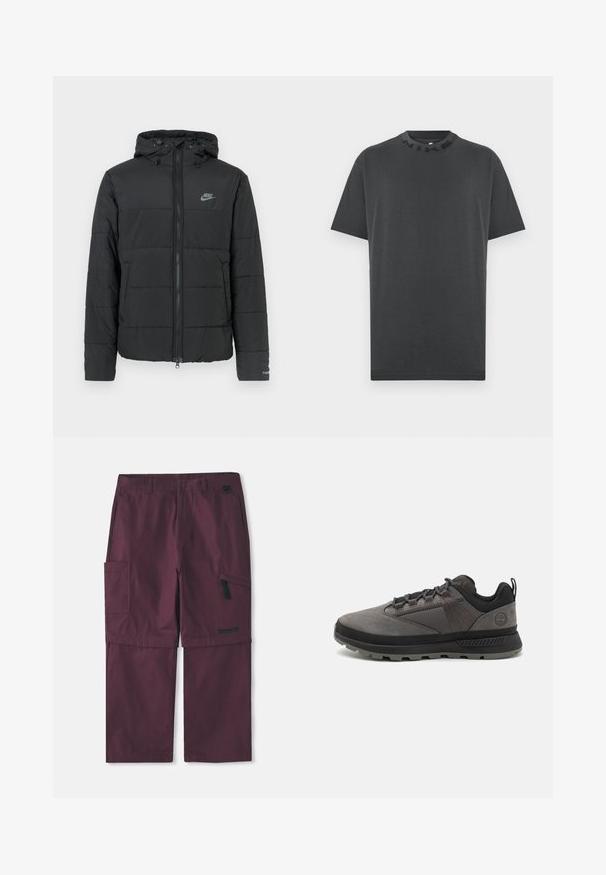 Mustmust tömbjakker kapuutsiga, millel on lukuga esiosa, horisontaalne tikandi muster ja väike logo vasakul ülalpool.; Must ära, lühikeste varrukatega T-särk, mis on valmistatud puuvillast, ümmarguse kaelusega, millel on reljeefne "NIKE" logo kaeluses. Ei ole mustreid ega lisakaunistusi.; Burgundia värvi cargo muudetavad püksid külgpocketi ja Timberlandi logoga paremal jalal, pikendatud sisemise õmblusega.; Mustad musta ja halli värvi nahast ja võrkkangast välijalanõud, millel on pehmendatud krae, tekstureeritud tallad ning tugevdustooted kestvuse tagamiseks.