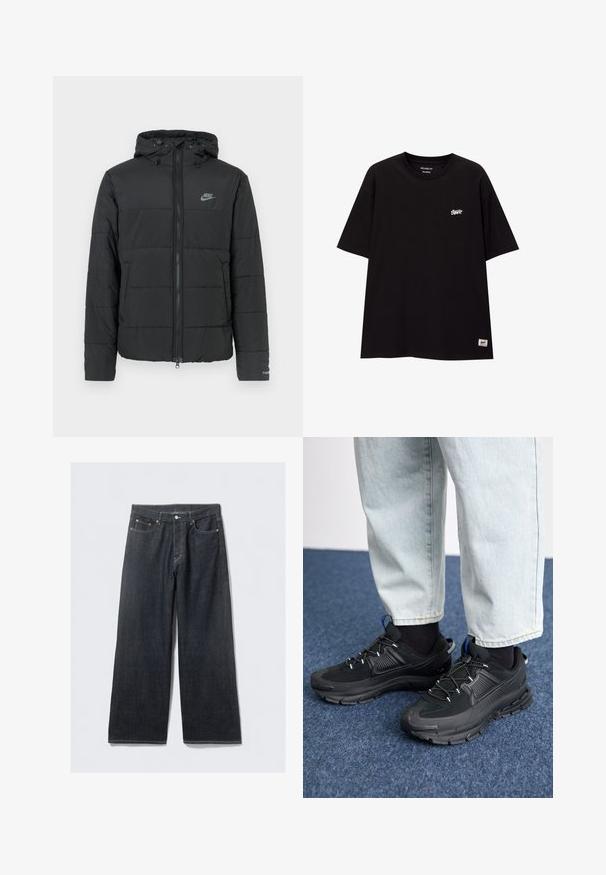 Fekete pufi dzseki kapucnival, elöl cipzárral, vízszintesen steppelt mintával és egy kis logóval a bal felső oldalon.; Fekete, laza szabású pamut póló, rövid ujjakkal. Az elején egy kis fehér logó található, valamint egy címke az alsó szegélyen.; Sötét farmer széles szárú nadrág magas derékkal, réz színű szegecsekkel és kontrasztos varrással, sima tapintású, minta nélküli.; Fekete sportcipők texturált anyaggal és gumitalppal, elasztikus fűzőkkel és kék kiegészítővel a saroknál. Világos farmernadrággal viselve.