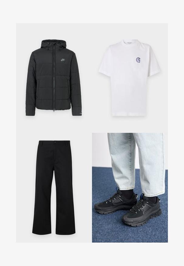 Czarna kurtka puchowa z kapturem, z zamkiem z przodu, poziomym pikowaniem i małym logo po lewej stronie u góry.; Biała bawełniana koszulka z krótkimi rękawami, okrągłym dekoltem i małym, niebieskim haftowanym logo "C" na lewej stronie klatki piersiowej.; Czarne, szerokie spodnie wykonane z gładkiego materiału. Posiadają zapięcie na guziki z przodu oraz standardowy pas. Minimalistyczny design, bez widocznych wzorów.; Czarne buty sportowe z teksturowanej tkaniny i gumowymi podeszwami, z elastycznymi sznurówkami i niebieskim akcentem na pięcie. Noszone z jasnymi dżinsami.