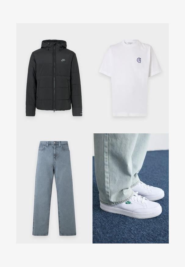 Jachetă puffer neagră cu glugă, având fermoar pe față, model cusut orizontal și un mic logo în partea stângă sus.; Tricou alb din bumbac, cu mâneci scurte, guler rotund și un mic logo brodat albastru "C" pe partea stângă a pieptului.; Jeans din denim de culoare albastru deschis, cu un design drept, cinci buzunare, închidere cu nasture metalic și o textură ușor decolorată.; Adidași din piele albă cu logo-ul Nike verde, vârf rotund, talpă plată, asortați cu pantaloni din denim bleu deschis, prezentați pe un covor albastru.