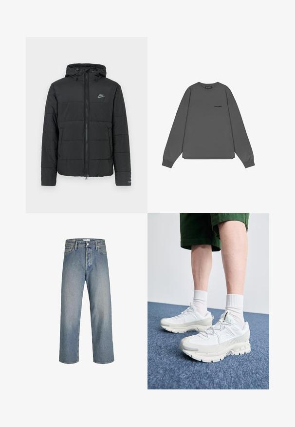 Fekete pufi dzseki kapucnival, elöl cipzárral, vízszintesen steppelt mintával és egy kis logóval a bal felső oldalon.; Szürke, hosszú ujjú pulóver, puha pamutból készült, kerek nyakkal, laza szabással és egy kis logóval az első bal oldalon.; Világoskék farmernadrág, laza szabással, magas derékkal és egyenes lábakkal. Elülső zsebekkel és fémből készült gombos záródással rendelkezik.; Fehér sportcipők texturált burkolattal, vastag talppal és szürke részletekkel. Fehér sportzoknival és zöld rövidnadrággal viselve, kék felületen.