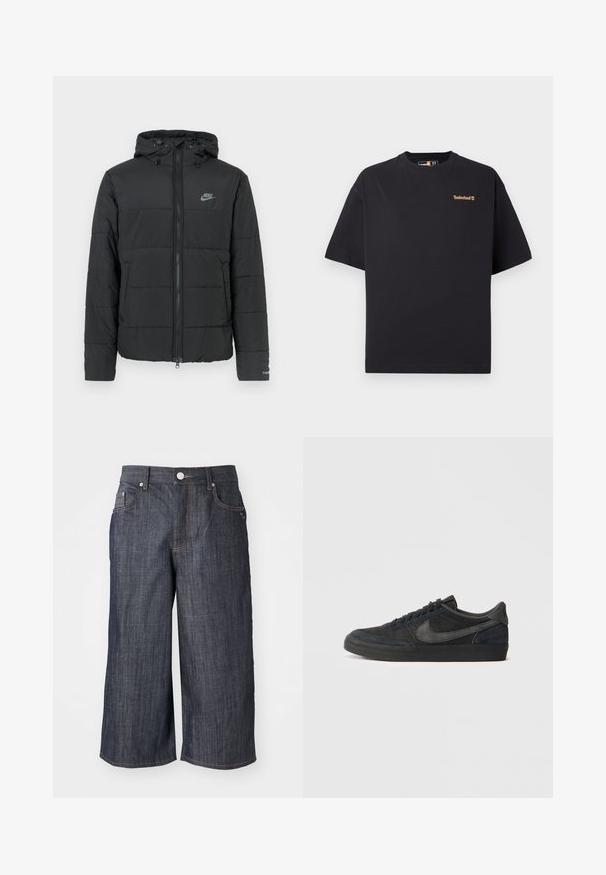 Černá péřová bunda s kapucí, má přední zip, horizontálně prošívaný vzor a malé logo na levé horní straně.; Černé tričko Timberland s krátkým rukávem a kulatým výstřihem, s malým hnědým logem na levé části hrudi, vystavené na bílém pozadí.; Tmavě modré džínové culoty s širokým střihem, vybavené pěti kapsami, kovovým zapínáním a kontrastním prošitím.; Černé semišové tenisky s nízkým profilem, gumovou podrážkou, texturovanými bočními panely a tónovým logem Nike swoosh. Šněrování na přední části, polstrovaný límec.