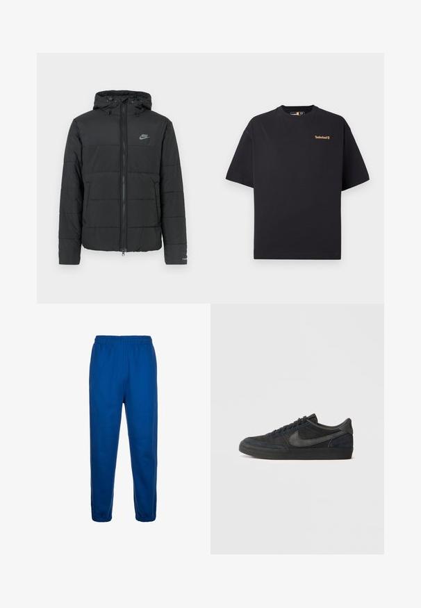 Juodas pūkinis džemperis su gaubtu, su užtrauktuku priekyje, horizontaliu siuvinėjimu ir mažu logotipu kairėje viršutinėje pusėje.; Juodas trumpas rankoves T-palaidinė su apvalia kaklo iškirpte Timberland, su mažu rusvu logotipu kairiajame viršutiniame krūtinės kampe, pateikta ant balto fono.; Mėlynos sportinės kelnės, pagamintos iš minkštos medžiagos, turi elastingą juosmenį ir siaurėjančias kojines su elastingomis juostomis ant kulkšnių.; Juodi suediniai sportbačiai su žemu profiliu, guminiu padu, tekstūruotomis šoninėmis dalimis ir toniniu Nike swoosh logo. Su raišteliais priekyje, paminkštintu apykakle.