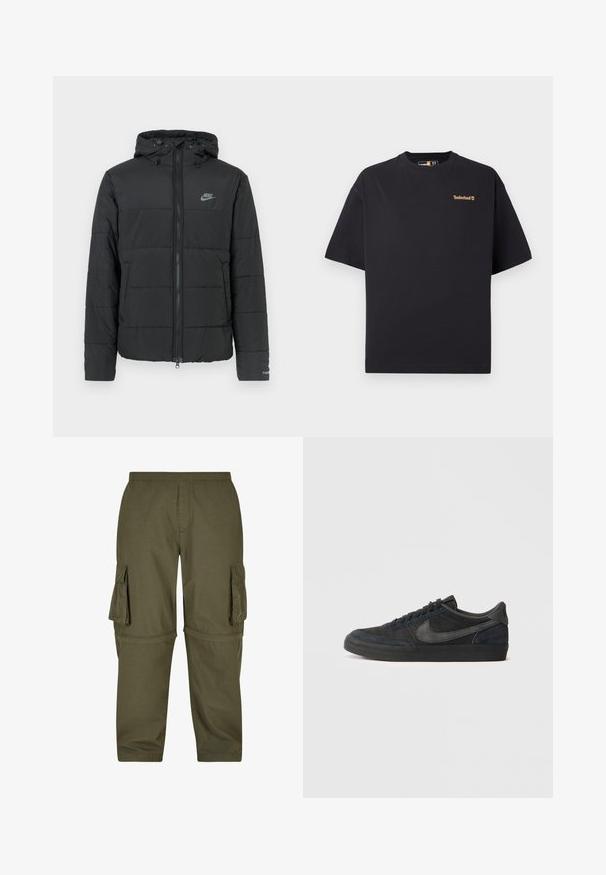Svart pufferjakke med hette, med glidelås foran, horisontalt quiltet mønster og en liten logo på øvre venstre side.; Svart t-skjorte med kort erme og rund hals fra Timberland, med en liten beige logo på øvre venstre bryst, vist på hvit bakgrunn.; Olivenfargede cargo-bukser laget av lett materiale, med flere sidelommer, elastisk midje og rett passform.; Sorte semskede sneakers med lav profil, gummisåle, teksturerte sidepaneler og tonet Nike swoosh-logo. Snøring foran, polstret krage.