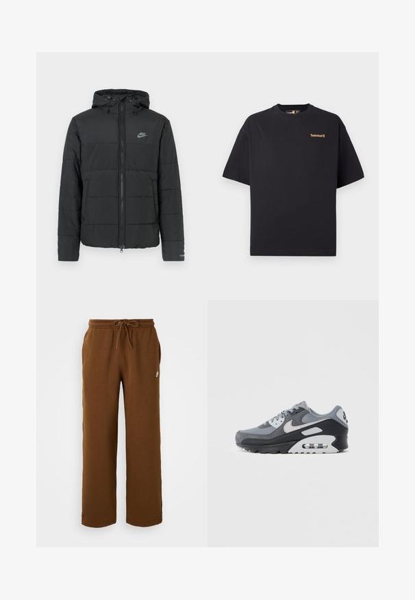 Černá péřová bunda s kapucí, má přední zip, horizontálně prošívaný vzor a malé logo na levé horní straně.; Černé tričko Timberland s krátkým rukávem a kulatým výstřihem, s malým hnědým logem na levé části hrudi, vystavené na bílém pozadí.; Hnědé tepláky vyrobené z měkké tkaniny, s elastickým pasem se šňůrkou, bočními kapsami a bílým logem na levé straně.; Šedá teniska kombinující síťovinu a semiš, s černou podrážkou a viditelnou vzduchovou jednotkou. Výrazné světle šedé detaily a tkaničky.