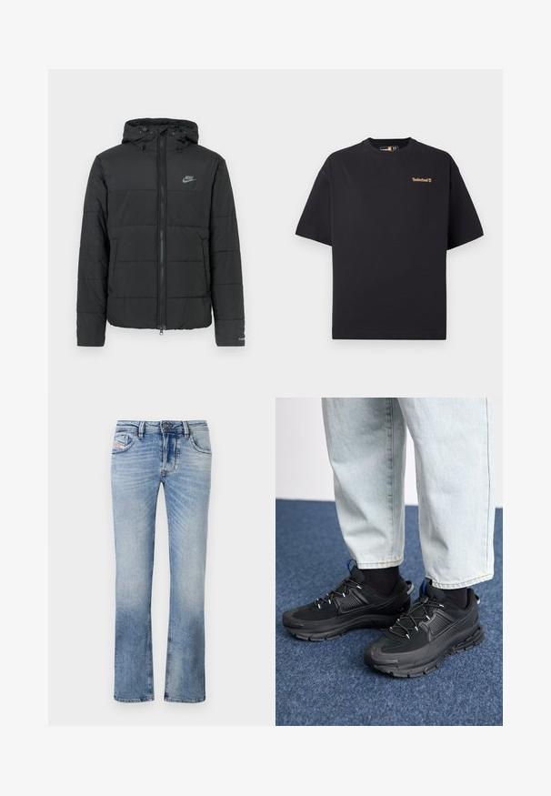 Svart puffjacka med huva, med dragkedja framtill, horisontellt quiltat mönster och en liten logotyp på övre vänstra sidan.; Svart T-shirt med kort ärm och rund hals från Timberland, med en liten tan-färgad logotyp på övre vänstra bröstet, visad mot en vit bakgrund.; Ljust blå denimjeans med raka ben, försedda med framfickor, dragkedja och subtil blekning över hela tyget.; Svarta sportskor med texturerat tyg och gummisulor, med elastiska snörningar och en blå detalj på hälen. Bärs med ljusa jeans.