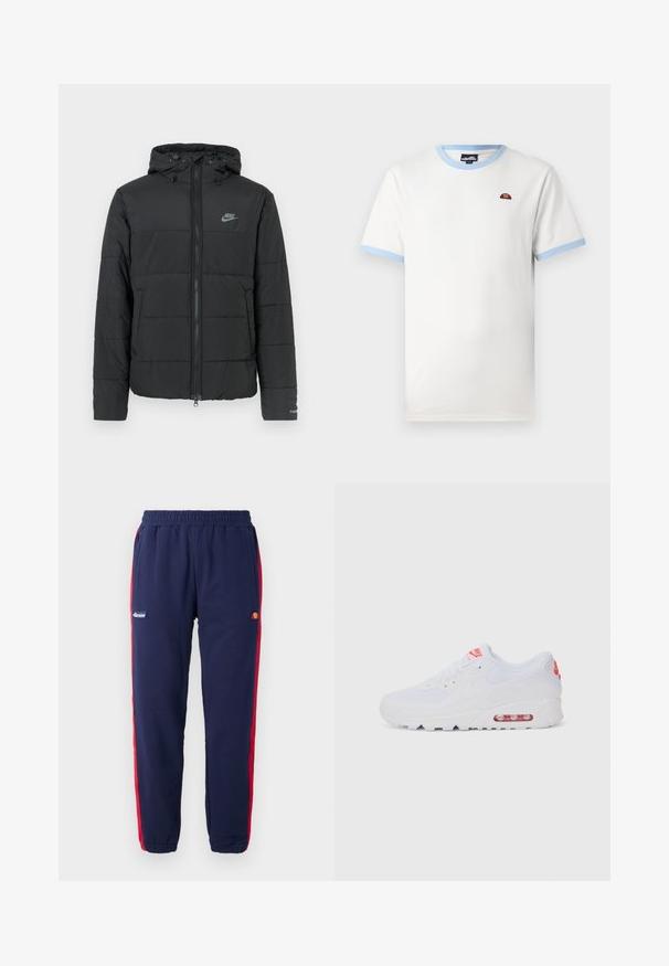 Black puffer jacket with a hood, featuring a zip front, horizontal quilted pattern, and a small logo on the upper left side.; White cotton t-shirt with light blue ribbed collar and sleeve edges. Features a small red and orange logo on the chest. Classic fit.; Navy sweatpants with red side stripes, elastic waistband, and a small logo patch featuring a circular design on the left thigh.; White athletic sneaker featuring a smooth upper, lace closure, cushioned sole, and a visible air unit with red accents on the branding.