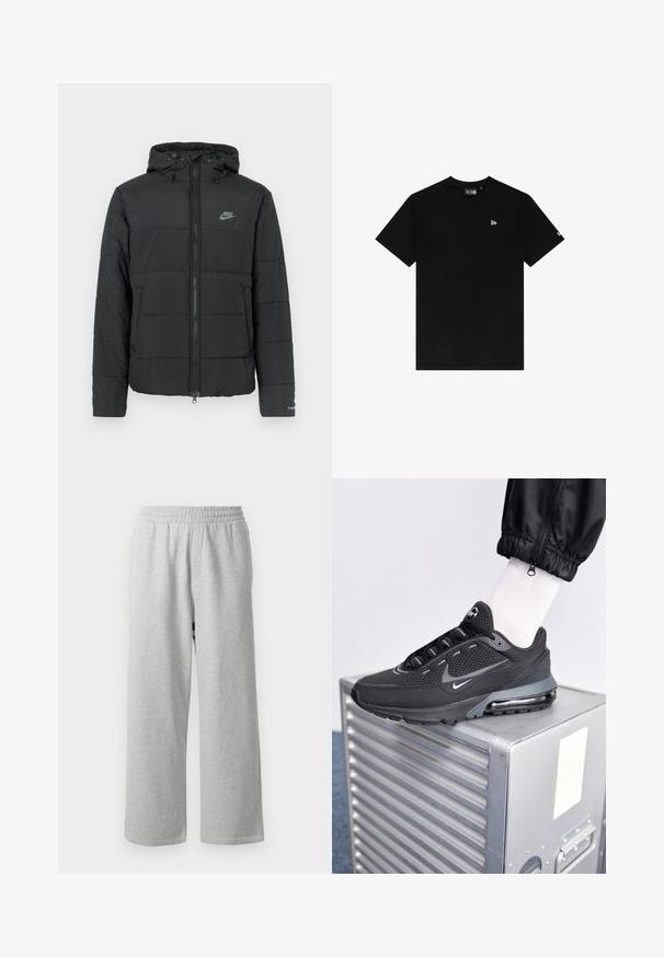 Zwarte pufferjas met capuchon, voorzien van een rits aan de voorkant, een horizontaal gestikt patroon en een klein logo op de bovenste linkerkant.; Zwart katoenen T-shirt met een ronde hals, korte mouwen, met een klein wit logo op de linkerborst en zonder verdere patronen of accenten.; Grijze katoenen sweatpants met een elastische tailleband en wijde benen, met een gladde textuur en minimalistisch ontwerp, geschikt voor casual gebruik.; Nike Sportswear PULSE - Sneakers laag - black/anthracite