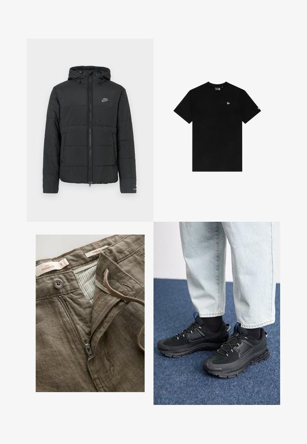 Black puffer jacket with a hood, featuring a zip front, horizontal quilted pattern, and a small logo on the upper left side.; Black cotton t-shirt with a crew neck, short sleeves, featuring a small white logo on the left chest and no additional patterns or accents.; Brown linen trousers featuring a front zipper, a button closure, and a striped inner lining. Includes stitching details and tags.; Black athletic shoes with textured fabric and rubber soles, featuring elastic laces and a blue accent on the heel. Worn with light denim pants.