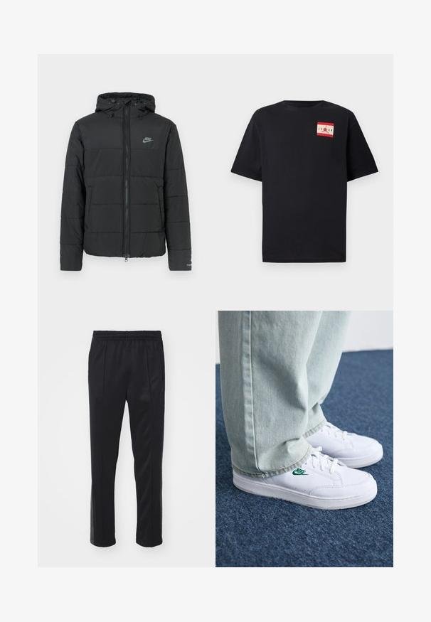 Svart puffjacka med huva, med dragkedja framtill, horisontellt quiltat mönster och en liten logotyp på övre vänstra sidan.; Svart kortärmad T-shirt i bomull, med en röd och vit grafisk logopatch på vänster bröstområde. Klassisk rundhalsad design.; Svarta träningsoverallbyxor med elastisk midja, slät tyg och sidfickor. Har en smal passform och subtil branding längs sidorna.; Vita lädersneakers med grön Nike-logga, rund tå, platt sula, kombinerade med ljusblå denimbyxor, visade på en blå matta.