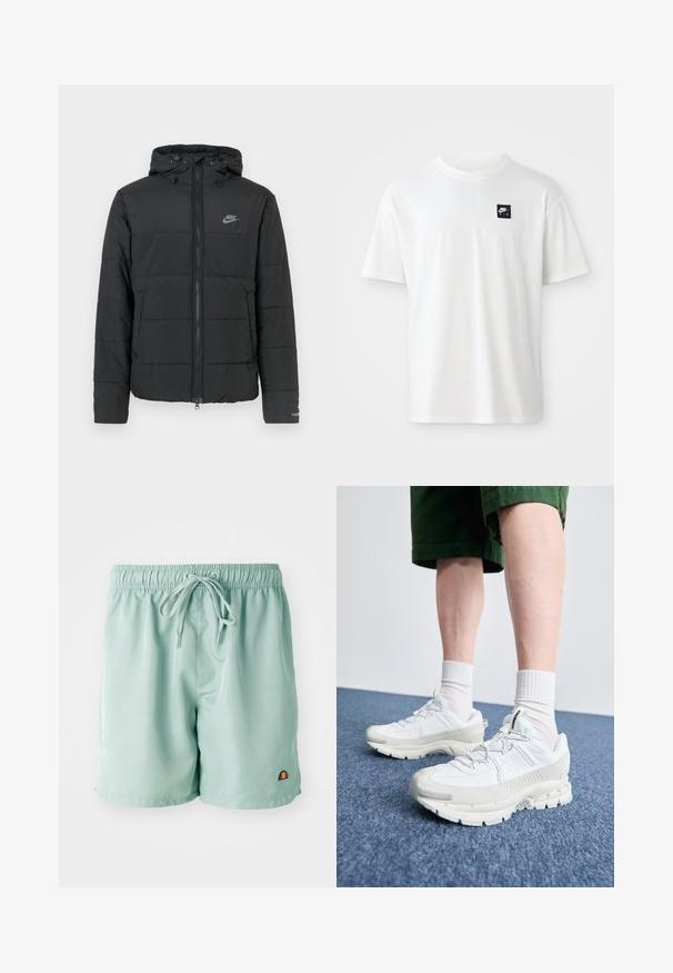 Mustan untuvatakin huppu, jossa on vetoketju etupuolella, vaakasuora tikkuroma ja pieni logo vasemmassa yläkulmassa.; Valkoinen puuvillapaita lyhyillä hihoilla ja pyöreällä kauluksella; etuosassa on pieni musta suorakulmainen Nike Air -logo vasemmalla rinnassa.; Vaaleanvihreät uimapuvut, joissa on joustava vyötärö ja nauhoitus, ja joiden alakulmassa on pieni brodeerattu logo. Sileä pinta.; Valkoiset urheilukengät, joissa on tekstuuriset päällysteet, paksu pohja ja harmaat yksityiskohdat. Yhdistetty valkoisiin putkisukkiin ja vihreisiin shortseihin sinisellä pinnalla.