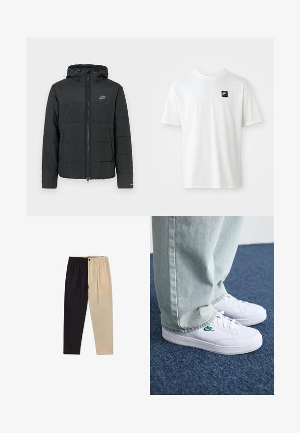 Black puffer jacket with a hood, featuring a zip front, horizontal quilted pattern, and a small logo on the upper left side.; White cotton t-shirt with short sleeves and a crew neck; features a small black rectangular Nike Air logo on the left chest.; Two-tone trousers with an elastic waistband; one side in black, the other in beige, featuring a smooth texture and tailored pleats.; White leather sneakers with green Nike logo, round toe, flat sole, paired with light blue denim pants, shown on a blue carpet.