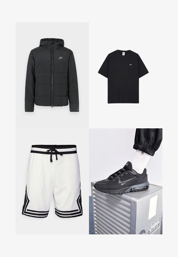 Schwarze Daunenjacke mit Kapuze, ausgestattet mit einem Reißverschluss auf der Vorderseite, horizontal gestepptem Muster und einem kleinen Logo auf der oberen linken Seite.; Schwarzes Nike-T-Shirt aus Baumwolle mit Rundhalsausschnitt und kurzen Ärmeln. Enthält ein kleines weißes Nike-Logo auf der linken Brust.; Weiße Netz-Basketballshorts mit schwarzen Akzenten, elastischem Bund und Kordelzug. Mit schwarzen Seitenpanelen und weißen Streifen.; Nike Sportswear PULSE - Sneaker low - black/anthracite