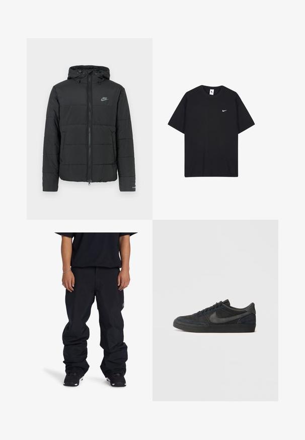 Svart puffjacka med huva, med dragkedja framtill, horisontellt quiltat mönster och en liten logotyp på övre vänstra sidan.; Svart Nike t-shirt i bomull med rundad halsringning och korta ärmar. Inkluderar en liten vit Nike-logga på vänster bröst.; DC Shoes FUNKTIONELLE - Snowboardbyxor - kvj0 black; Svarta mockaskor med låg profil, gummiyttersula, strukturerade sidopaneler och tonat Nike swoosh-logotyp. Snörning framtill, vadderad krage.